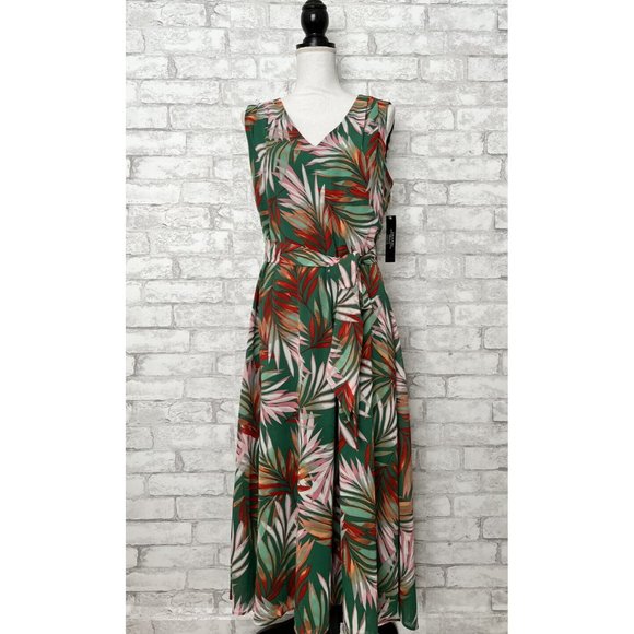 NWT! Tahari Woman’s 12 Green Red Pink Palm Fern Tropical Maxi Hi Low Dress $99 - Picture 1 of 7